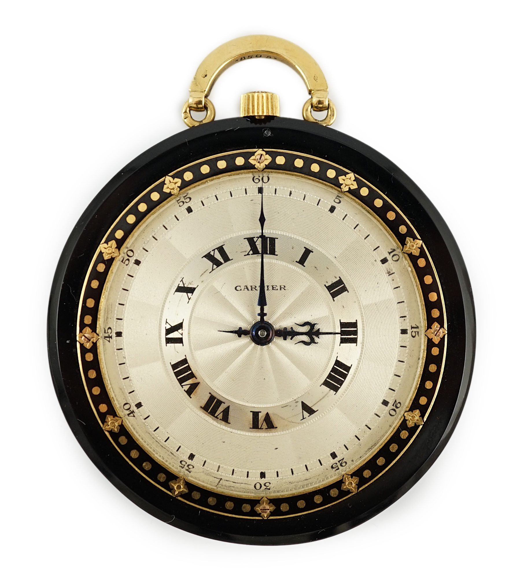 A good 1920's French Cartier black onyx, enamel and 18ct gold circular pocket watch